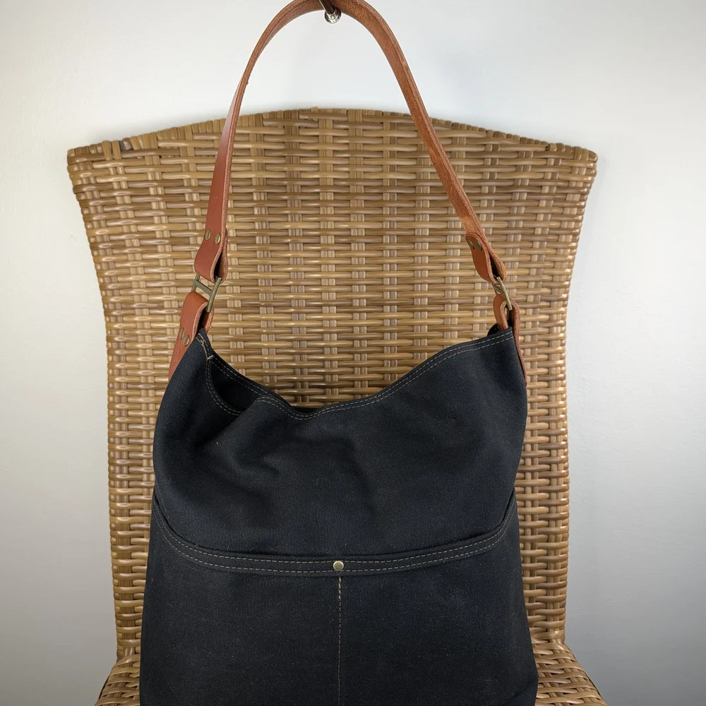 Melakah Design Handmade Black Brown Canvas Leather Handle Logo Emblem Tote Bag - Picture 4 of 16